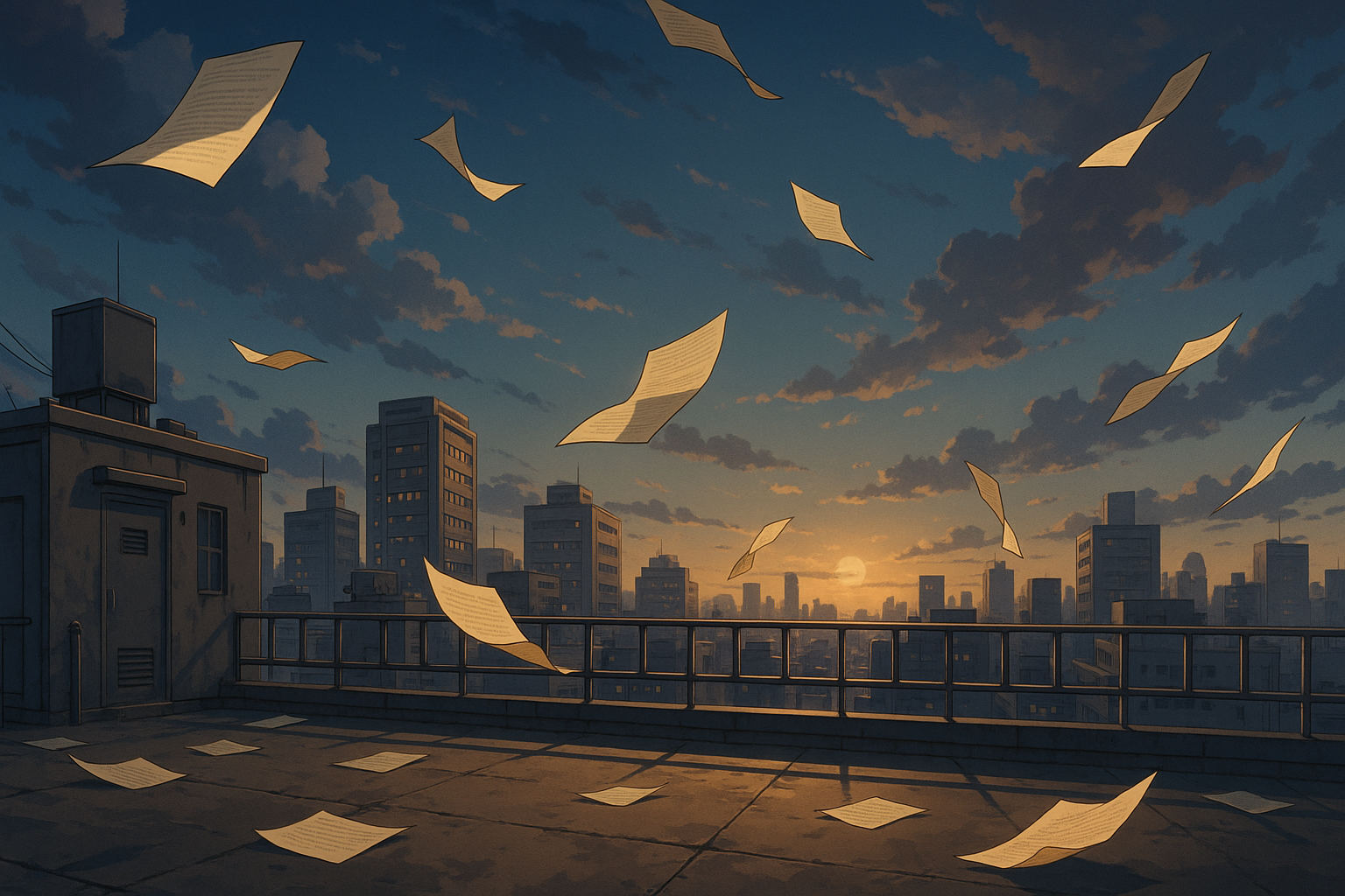 bible pages floating in anime faith city